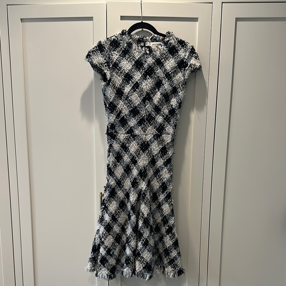 Alexander McQueen Textured Tweed dress in Black, White & Pale Blue